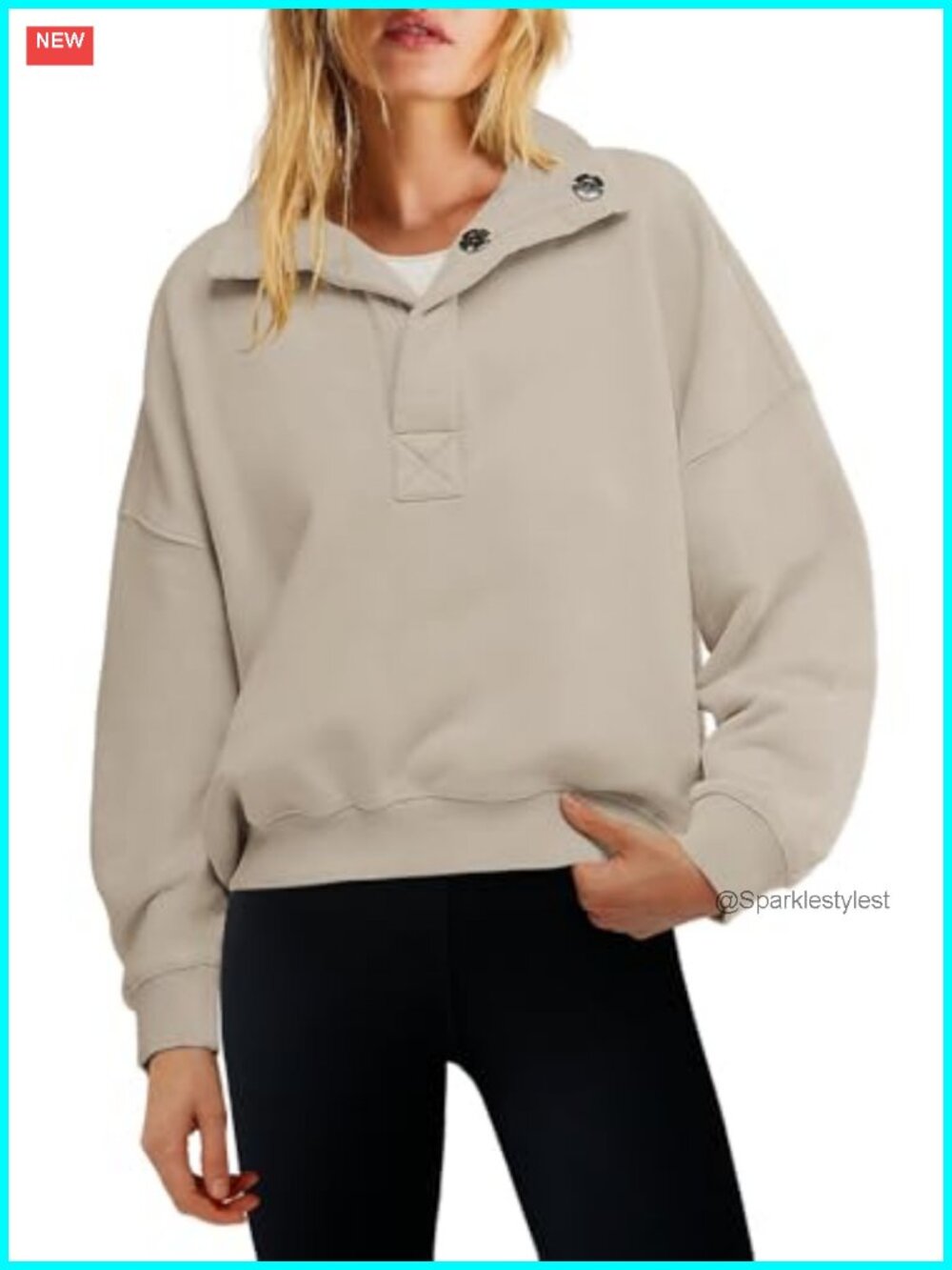 Womens Oversized Henley Sweatshirt Cropped Quarter Button Crop Top